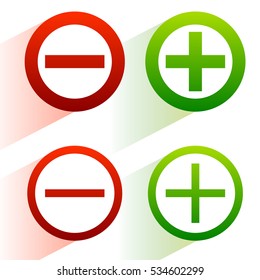 Plus, minus signs. Addition, subtraction icons, symbols with diagonal shadow