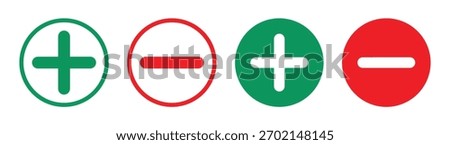 Plus and minus signs vector icons set. Mathematical symbols, add subtract, pros cons, positive negative, up down buttons in a circle. Vector illustration on transparent background.