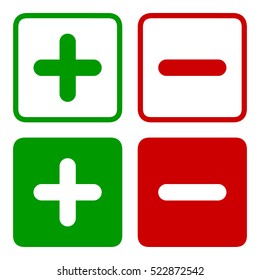 Plus and minus square icon set in green and red colors, vector illustration.