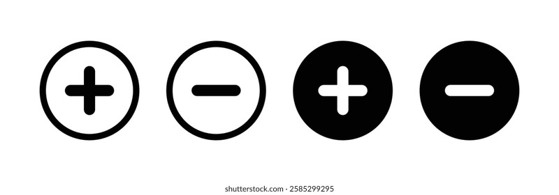 Plus and minus symbols, Positive an negative solid thin line vector signs. Mathematical symbols, add, subtract, right and wrong, pros and cons. Vector Illustration.