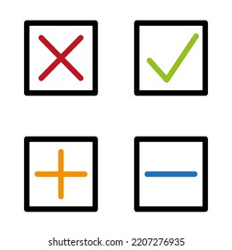 plus minus tick square. Cross symbol. Vector illustration. Stock image. 