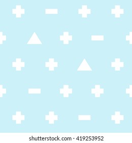 Plus, minus and triangle pattern. Geometrical seamless vector pattern for wallpaper, web page background, textile design, graphic design. Blue and white template. Pink background