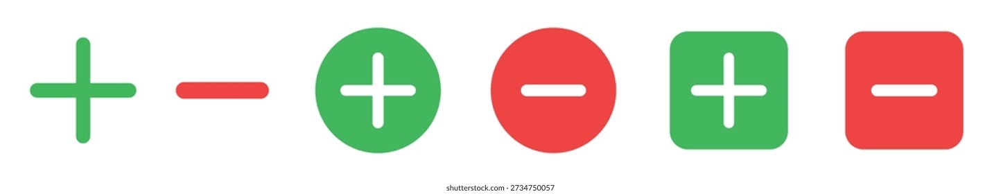 Os ícones de ação da IU de adição e subtração mostram os estados Adicionar e Remover. Símbolos planos coloridos para botões, controles, contadores e interações de interface de usuário. Ampliar e Reduzir símbolos