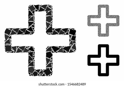 Plus mosaic of humpy elements in variable sizes and color tones, based on plus icon. Vector tremulant elements are combined into mosaic. Plus icons collage with dotted pattern.