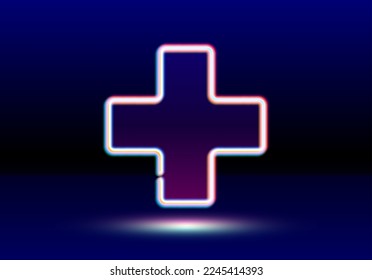 Plus neon sign in the dark room. Shiny cross emblem or icon.