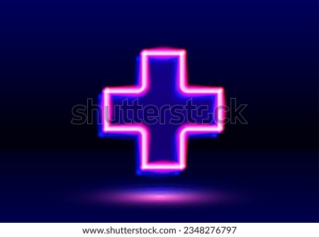 Plus neon sign in the dark room. Shiny cross emblem or icon.