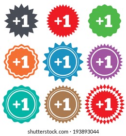 Plus one sign. Add one symbol. One more. Stars stickers. Certificate emblem labels. Vector