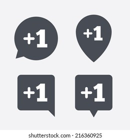 Plus one sign. Add one symbol. One more. Map pointers information buttons. Speech bubbles with icons. Vector