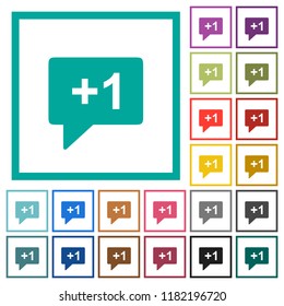 Plus one sign flat color icons with quadrant frames on white background
