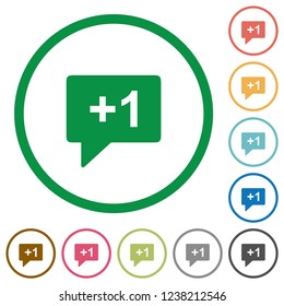 Plus one sign flat color icons in round outlines on white background