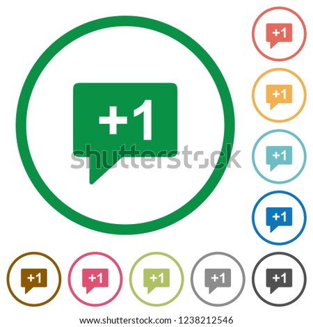 Plus one sign flat color icons in round outlines on white background