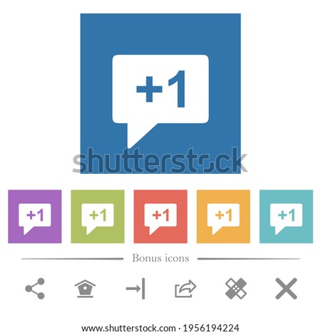Plus one sign flat white icons in square backgrounds. 6 bonus icons included.