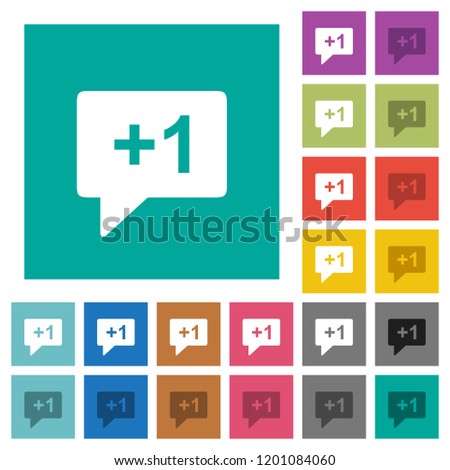 Plus one sign multi colored flat icons on plain square backgrounds. Included white and darker icon variations for hover or active effects.