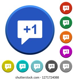 Plus one sign round color beveled buttons with smooth surfaces and flat white icons