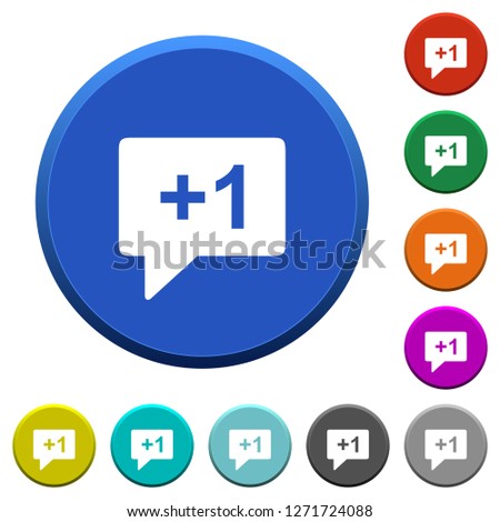Plus one sign round color beveled buttons with smooth surfaces and flat white icons