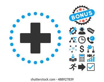 Plus pictograph with bonus design elements. Vector illustration style is flat iconic bicolor symbols, blue and gray colors, white background.