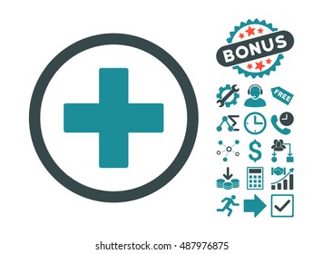 Plus pictograph with bonus icon set. Vector illustration style is flat iconic bicolor symbols, soft blue colors, white background.