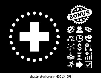 Plus pictograph with bonus pictogram. Vector illustration style is flat iconic symbols, white color, black background.