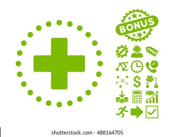 Plus pictograph with bonus pictures. Vector illustration style is flat iconic symbols, eco green color, white background.