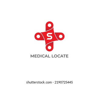 Plus Pin Logo Concept icon sign symbol Design with Letter S. Medical Health Care Location Logotype. Vector illustration logo template