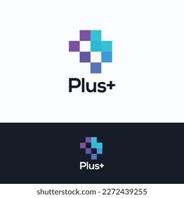 Plus. Pixel colorful plus logotype. Plus digital template