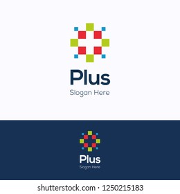 Plus. Pixel colorful pharmacy logotype. Plus medicine template