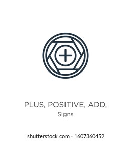 Plus, positive, add, symbol icon. Thin linear plus, positive, add, symbol outline icon isolated on white background from signs collection. Line vector sign, symbol for web and mobile