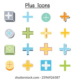 Plus, Positive , Cross Add icon set in flat color style