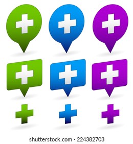 Plus, positivite, health-care, first aid icons. Vector set. Plus, addition signs, symbols. First aid crosses.