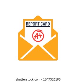 A plus report card and envelope icon. Clipart image isolated on white background.