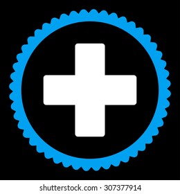 Plus round stamp icon. This flat vector symbol is drawn with blue and white colors on a black background.