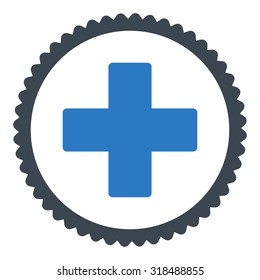 Plus round stamp icon. This flat vector symbol is drawn with smooth blue colors on a white background.