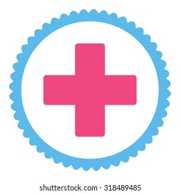 Plus round stamp icon. This flat vector symbol is drawn with pink and blue colors on a white background.