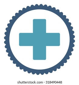 Plus round stamp icon. This flat vector symbol is drawn with cyan and blue colors on a white background.