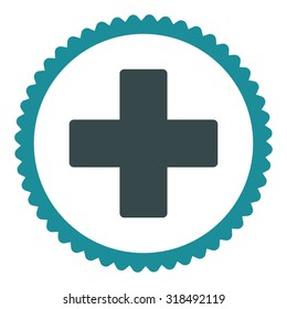 Plus round stamp icon. This flat vector symbol is drawn with soft blue colors on a white background.