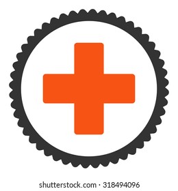 Plus round stamp icon. This flat vector symbol is drawn with orange and gray colors on a white background.