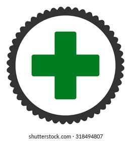 Plus round stamp icon. This flat vector symbol is drawn with green and gray colors on a white background.
