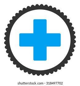 Plus round stamp icon. This flat vector symbol is drawn with blue and gray colors on a white background.