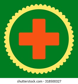 Plus round stamp icon. This flat vector symbol is drawn with orange and yellow colors on a green background.