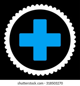 Plus round stamp icon. This flat vector symbol is drawn with blue and white colors on a black background.