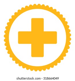 Plus round stamp icon. This flat vector symbol is drawn with yellow color on a white background.