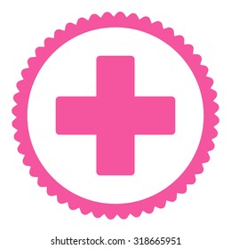 Plus round stamp icon. This flat vector symbol is drawn with pink color on a white background.