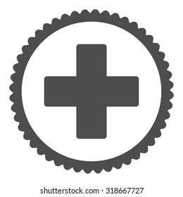 Plus round stamp icon. This flat vector symbol is drawn with gray color on a white background.