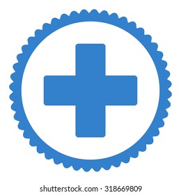 Plus round stamp icon. This flat vector symbol is drawn with cobalt color on a white background.