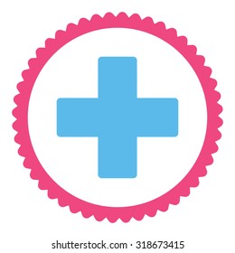 Plus round stamp icon. This flat vector symbol is drawn with pink and blue colors on a white background.