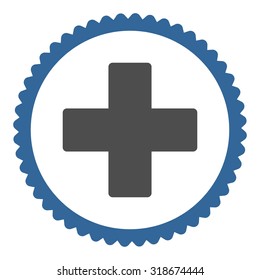 Plus round stamp icon. This flat vector symbol is drawn with cobalt and gray colors on a white background.