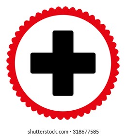 Plus round stamp icon. This flat vector symbol is drawn with intensive red and black colors on a white background.
