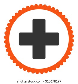 Plus round stamp icon. This flat vector symbol is drawn with orange and gray colors on a white background.