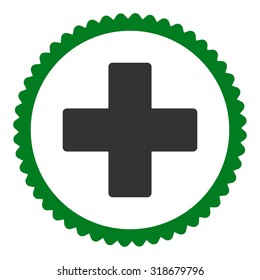 Plus round stamp icon. This flat vector symbol is drawn with green and gray colors on a white background.