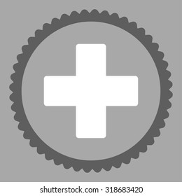 Plus round stamp icon. This flat vector symbol is drawn with dark gray and white colors on a silver background.